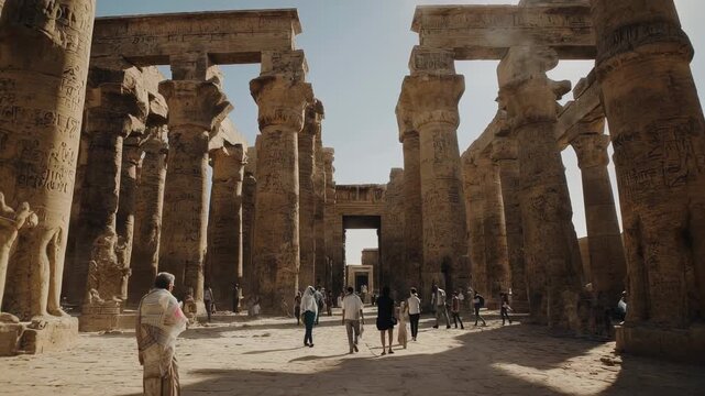 Ancient temple interior with large columns, carvings, and tourists in the sunny daylight