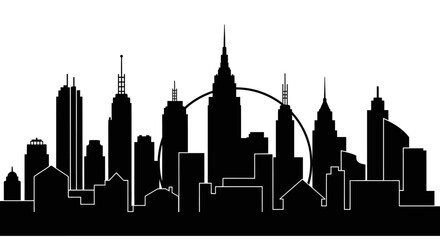 Fototapeta premium Unique city skyline silhouette with circular element on isolated white background