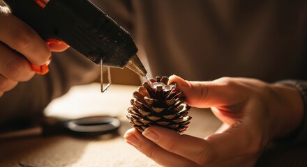 Hands Crafting Pinecone with Hot Glue Gun.