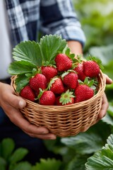 Person holding basket of fresh organic strawberries