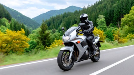 Biker riding motorcycle on mountain road through forest