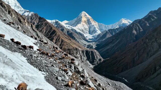 Herd of wild ibexes climbing rocky mountain slope with snow and glaciers