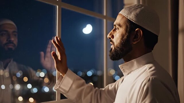 Spiritual Muslim Man in Contemplation, Gazing at the Crescent Moon Over the City at Night