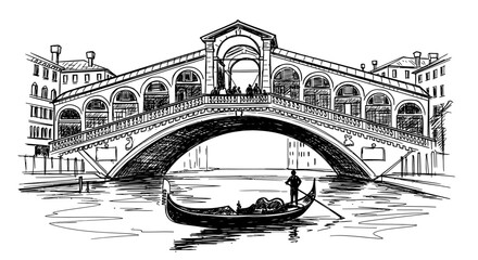 Obraz premium A detailed hand-drawn illustration captures the iconic Rialto Bridge spanning Venice's Grand Canal, featuring a traditional gondola and its gondolier.