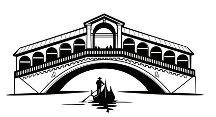 A striking black and white illustration captures the iconic Rialto Bridge in Venice, Italy, with a traditional gondola gracefully navigating the canal below.
