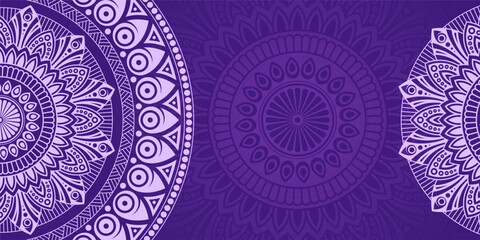 Horizontal color vector mandala banner. Decorative flower mandala on violet background. Luxury mandala color vector background. Arabic, islamic east style. Vector color illustration.