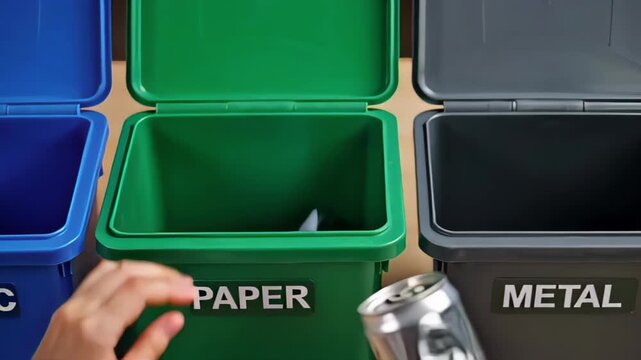 Person sorting recyclables into color coded bins for paper and metal waste.