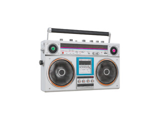 Obraz premium White retro boombox speaker with blue and pink accents, iconic 80s portable music player