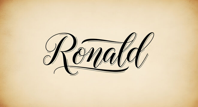 Elegant black ink script calligraphy spelling the name Ronald on a textured vintage paper background with decorative flourishes