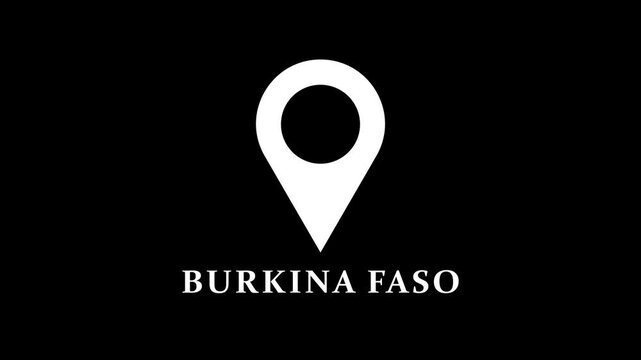 Digital map marker animation highlighting Burkina Faso on black background, smooth location pin motion for navigation and geographic positioning