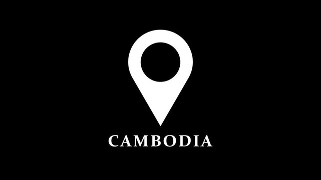 Minimal location pin animation marking Cambodia on dark background, simple map pointer motion for navigation and geographic indication