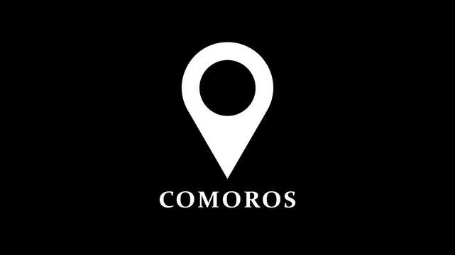 Clean location pin animation identifying Comoros on dark background, minimal map marker motion for navigation and geographic positioning