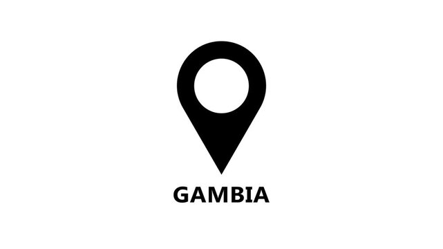 Abstract map marker animation marking Gambia on white background, minimal location pin motion for navigation and geographic reference