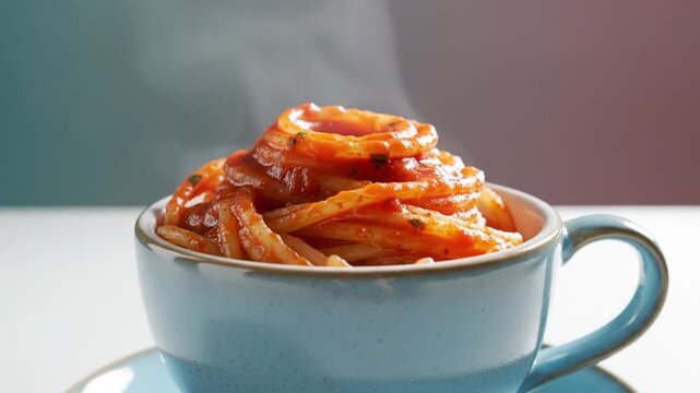 A close-up shot of a steaming cup filled with spaghetti and marinara sauce, showcasing a delicious and comforting meal