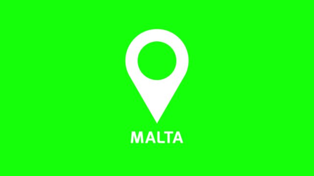 Smooth location pin animation highlighting Malta on green background, modern map marker motion for navigation and destination reference