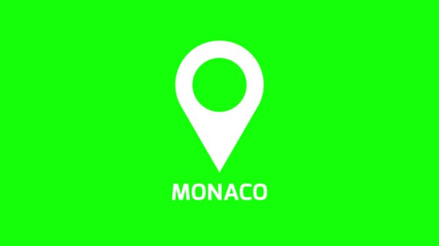 Clean map marker animation marking Monaco on green background, smooth location pin motion for navigation and geographic positioning