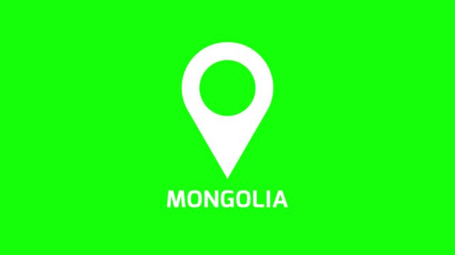 Abstract location pin animation identifying Mongolia on green background, clean map marker motion for navigation and destination visuals