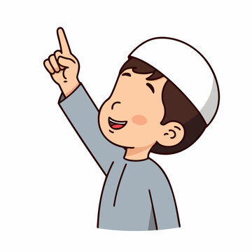 Cute Muslim Boy Character Pointing Finger Up Vector Illustration