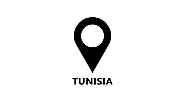 Smooth map marker animation marking Tunisia on white background, modern location pin motion for navigation and geographic positioning
