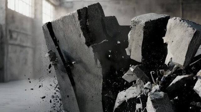 Concrete block fractures in a decaying industrial space, particles suspended