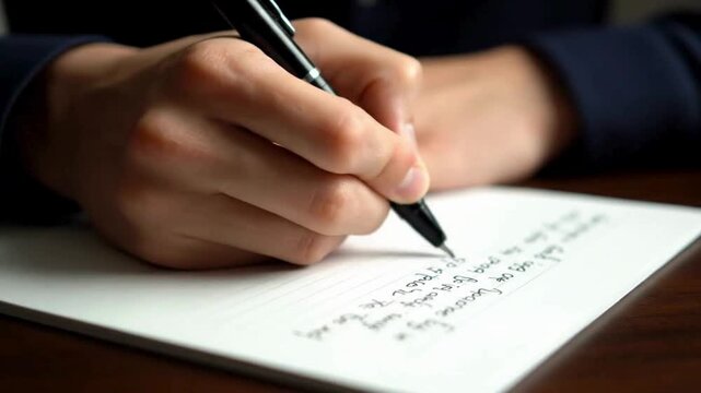 Close-up of a person's hand writing with a pen on a piece of paper, highlighting the act of writing and note-taking