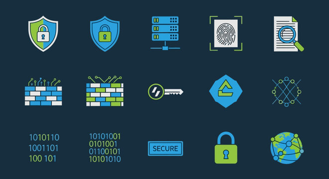 Cybersecurity icons collection featuring shields, locks, and encryption symbols on dark blue background, representing data protection and secure online transactions.