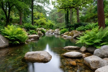 Fototapeta premium Tranquil stream flowing through forest with lush ferns