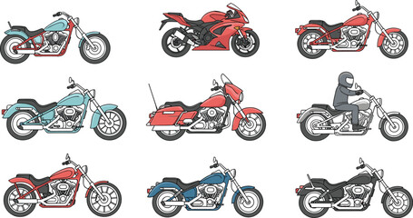 Motorcycle vector collection set sport cruiser touring chopper bikes detailed side views rider transport vehicle illustration isolated © Rayhan