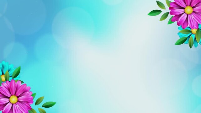 Horizontal Spring Nature Background. Blue Sky with Soft Purple and Blue Gerbera Daisies Corner Border for Clean Greeting Cards and Corporate Announcements