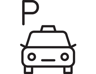 Obraz premium Car parking icon with letter P symbol, simple black outline vehicle front view pictogram for signage, navigation app UI, map markers, and transport services