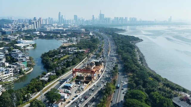 ShenZhen downtown, Nanshan  district. Busy road and city background during rush hour 