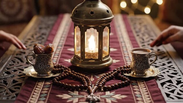 Traditional Ramadan Iftar Scene: Henna-Adorned Hands Sharing Dates and Coffee by a Glowing Lantern