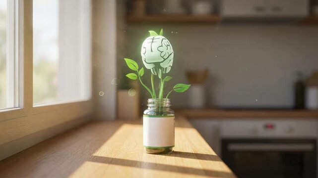 Brain health supplements plant glowing over bottle sunny windowsill promoting cognitive wellness and natural focus green bottle with leaf symbolizing
