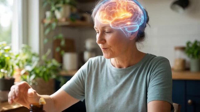 Brain health supplements bottle vitamin supplement for mature woman taking daily capsule in bright kitchen promoting cognitive health and memory care