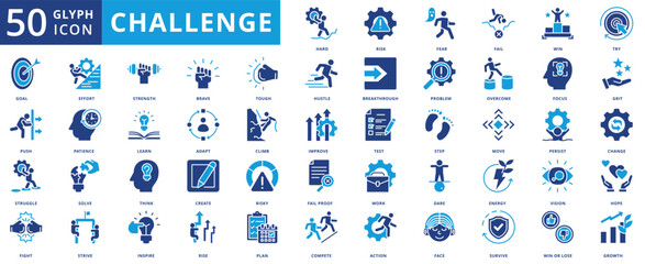 Challenge icon set collection in flat style. icon pack contain hard, risk, fear, fail, win, try, goal, push, struggle, fight