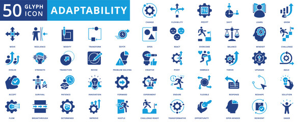 Adaptability icon set collection in flat style. icon pack contain change, flexibility, adjust, shift, learn, grow, move, evolve, accept, flow