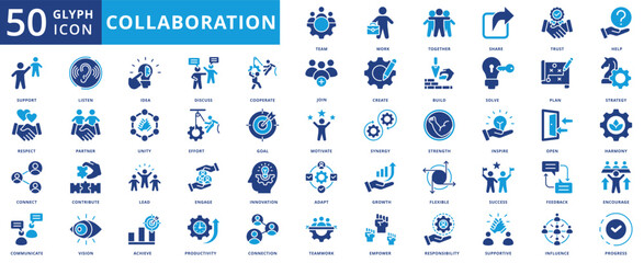 Collaboration icon set collection in flat style. icon pack contain team, work, together, share, trust, help, support, respect, connect, communicate