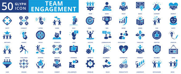 Team engagement icon set collection in flat style. icon pack contain team, work, trust, bond, support, respect, unity, motivate, inspire, lead