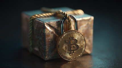 A gold Bitcoin token hangs from a padlock on a gold box