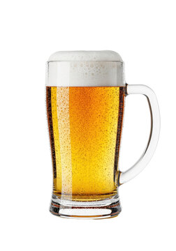 pristine, wet nonic pint glass filled three-quarters with brilliant golden lager, thick creamy foam head, hyper-realistic condensation, isolated on transparent studio background, commercial