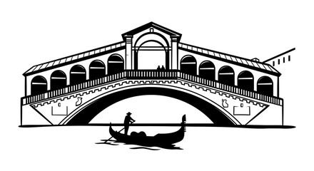 A graphic black and white illustration shows Venice's iconic Rialto Bridge over the Grand Canal, with a gondola passing below, representing Italian travel.