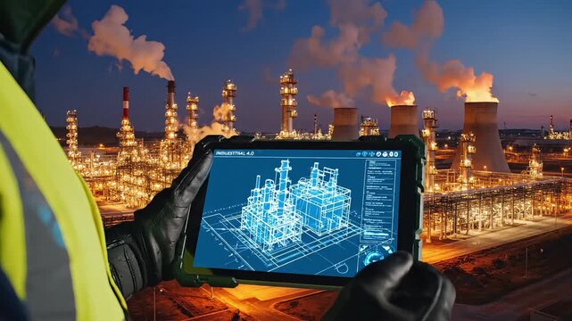 An engineer uses a rugged tablet to monitor operations at a large industrial plant at dus