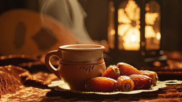 Warm Ramadan Iftar Scene with Steaming Arabic Coffee, Sweet Dates, and a Glowing Lantern