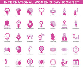 International Women&rsquo;s Day Pink Icon Set &ndash; Female Empowerment, Equality, and Leadership Symbols