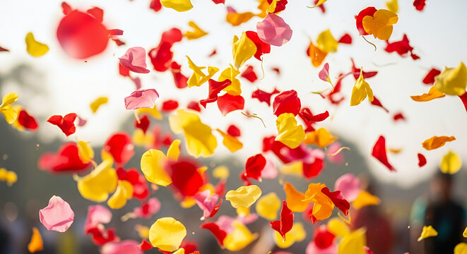 Basanta Utsav Flower Petal Throwing with Brightly Colored Petals Frozen Mid Air