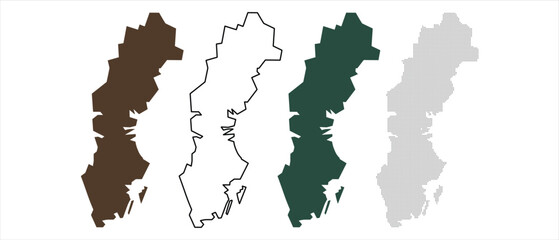 Sweden Map Silhouettes Various Styles Isolated on White Background