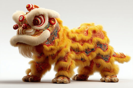 A yellow Chinese lion dance costume for Lunar New Year and festivals as symbol of luck, prosperity, and protection from evil spirits