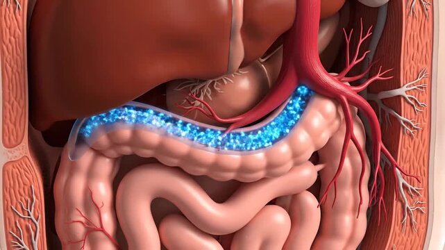 A detailed 3D medical visualization illustrates the complex structure of the human digestive system, highlighting the liver, intestines, and the intricate network of surrounding blood vessels, with a
