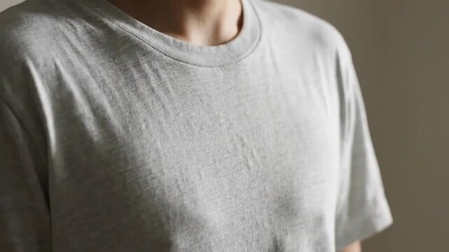 Close-up detail of a soft, comfortable grey t-shirt, highlighting its simple, minimalist texture and essential everyday style, perfect for casual wear