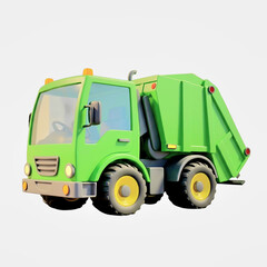 Green cartoon garbage truck isolated on light background, waste collection and recycling concept.